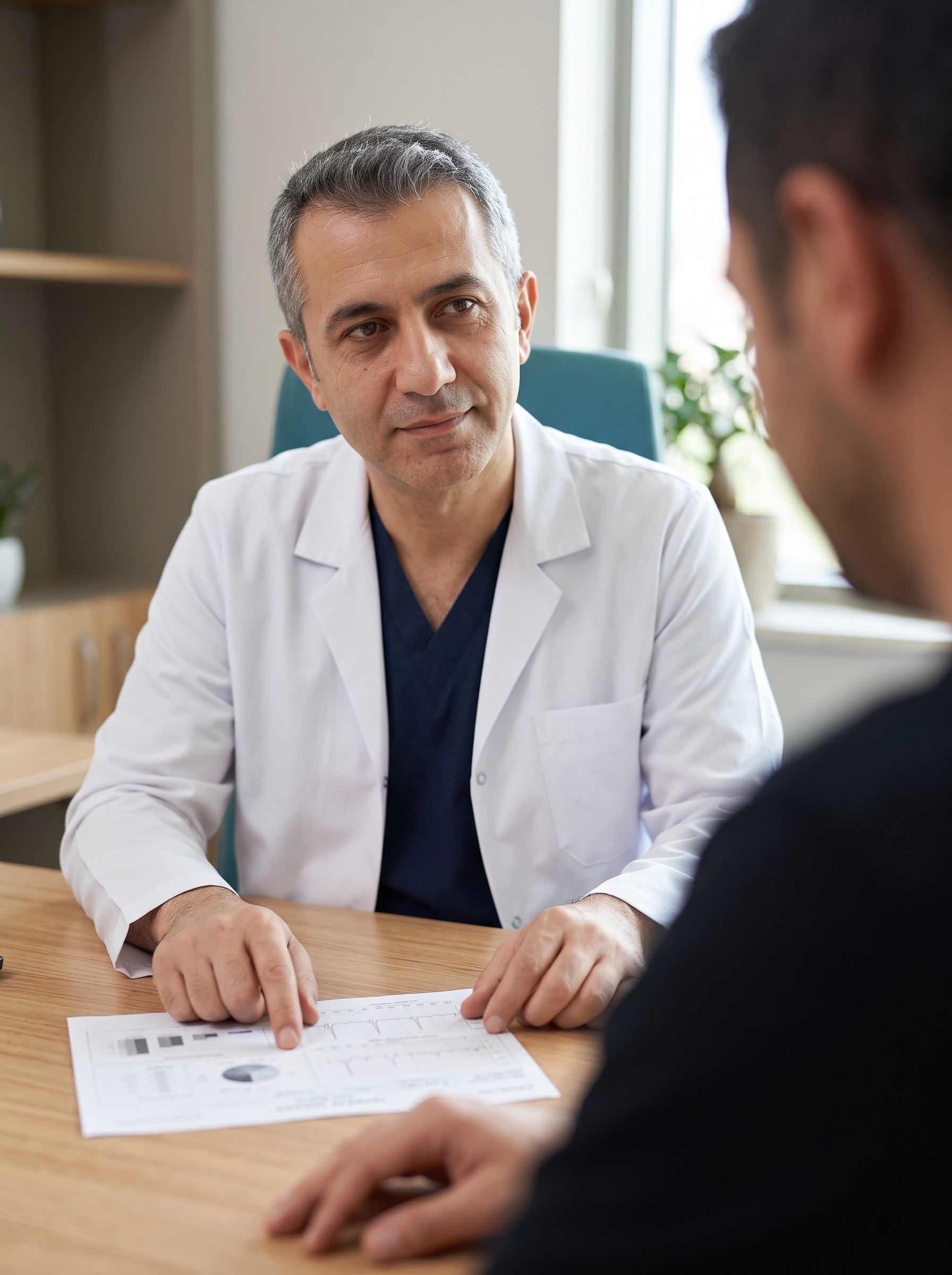 Prof. Dr. Kerem Ünsal, masadaki tetkik raporunu hastasıyla birlikte okuyor.